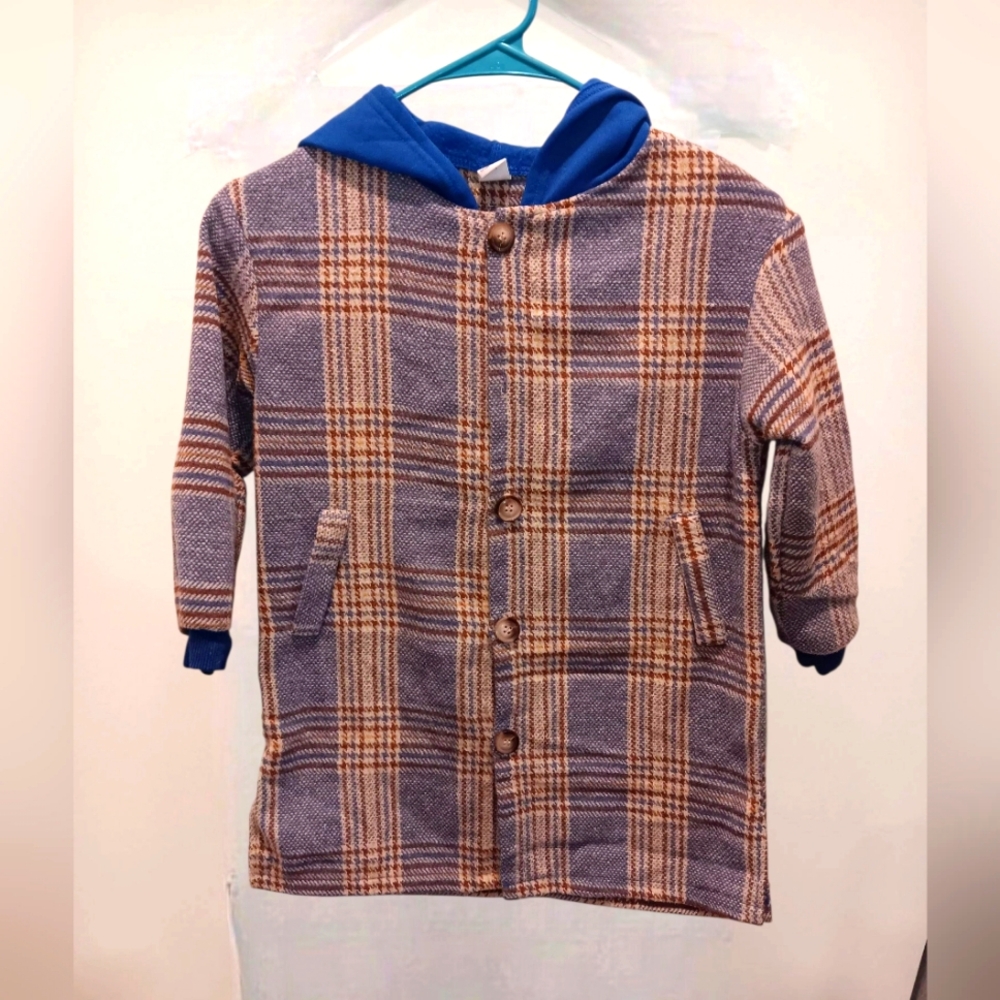 Kids Shein Plaid Hooded Coat with Blue Accents